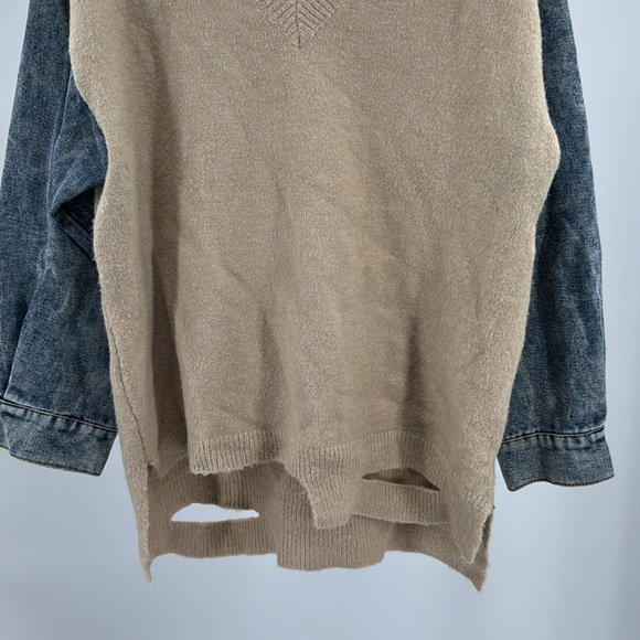 Entro Tan V-Neck denim sleeve contrast distressed sweater casual mixed material - Picture 8 of 13